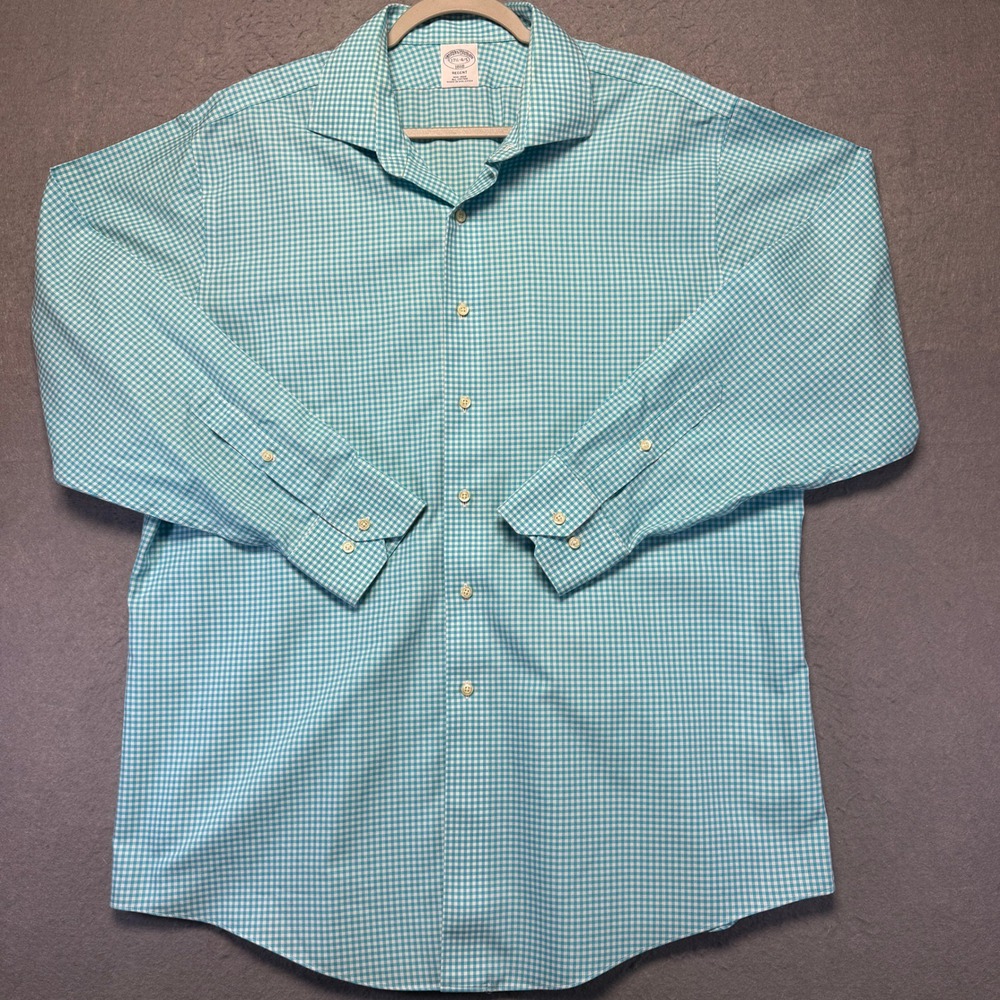 Brooks Brothers 1818 Regent Dress Shirt Mens 17.5 34/35 Teal Gingham Cotton